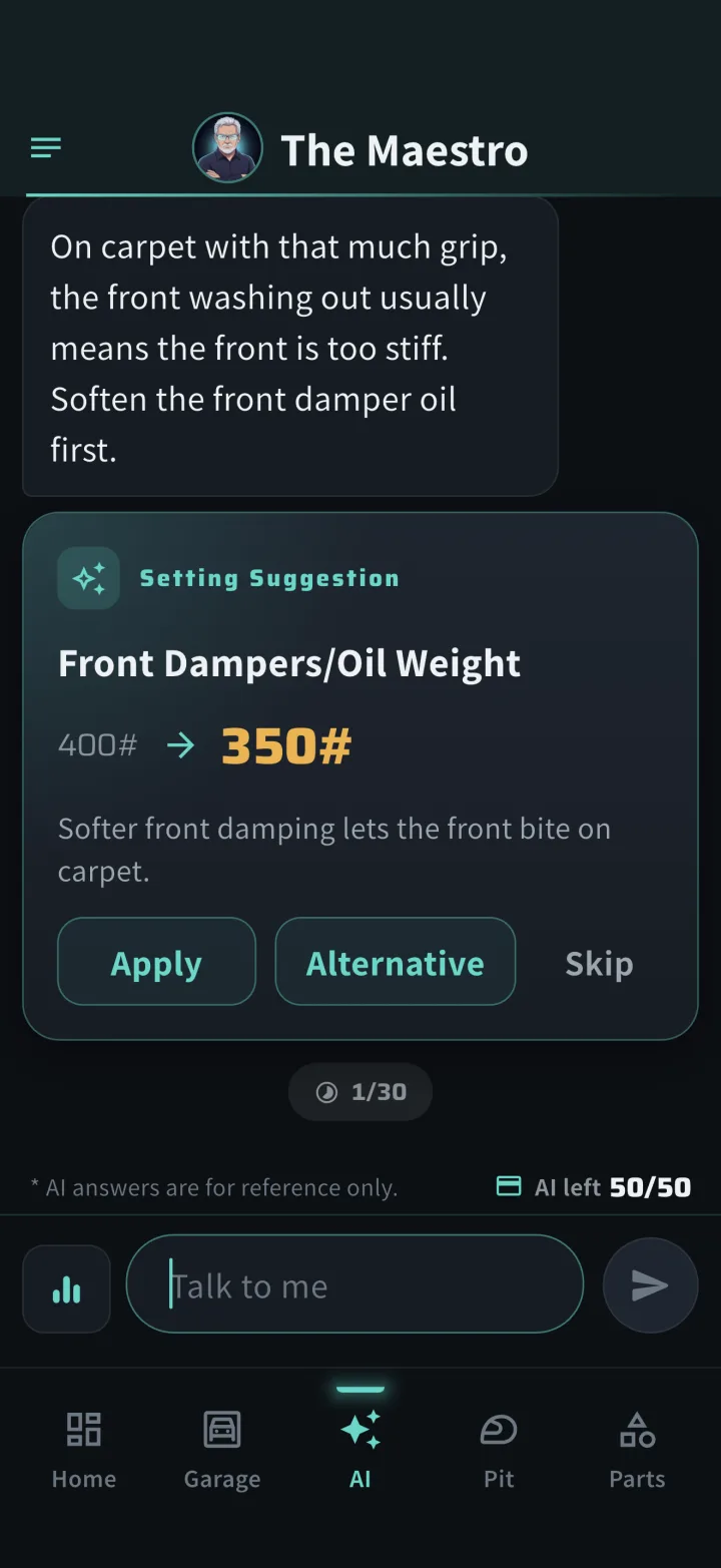 AI chat screen showing a setup suggestion
